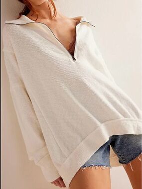 We The Free Cotton Ivory Walk Away Tunic Quarter Zip Collared Oversized Pullover